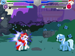 Size: 638x477 | Tagged: safe, trixie, earth pony, unicorn, fighting is magic, g4, canterlot garden, clone, fan game, fighting is magic everfree, scooter (character), statue, the great and powerful trixie