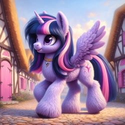Size: 1024x1024 | Tagged: safe, ai content, machine learning generated, twilight sparkle, twilight sparkle (alicorn), alicorn, pony, alternate cutie mark, bing, female, fluffy, jewelry, mare, ponyville, smiling, solo, spread wings