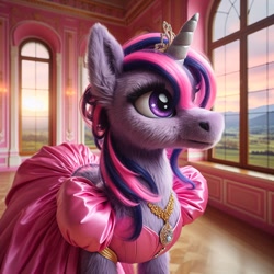 Size: 1024x1024 | Tagged: safe, ai content, machine learning generated, twilight sparkle, unicorn twilight, pony, unicorn, backless, bing, clothes, dress, female, fluffy, jewelry, looking at something, mare, palace, pink dress, solo, tiara, window