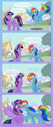 Size: 2700x6408 | Tagged: safe, artist:ambris, derpibooru import, rainbow dash, twilight sparkle, twilight sparkle (alicorn), alicorn, pegasus, pony, g4, 2013, ask twidash, blushing, comic, cute, duo, duo female, eyes closed, female, flying, folded wings, grin, horn, kiss on the lips, kissing, lesbian, looking at each other, looking at someone, looking back, mare, open mouth, open smile, outdoors, ponyville, raised hoof, raised leg, riddle, shadow, shipping, sitting, smiling, speech bubble, spread wings, surprise kiss, tail, tree, twidash, wingboner, wings
