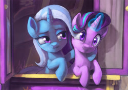 Size: 2100x1483 | Tagged: safe, artist:grissaecrim, artist:kjara-grissaecrim, derpibooru import, starlight glimmer, trixie, pony, unicorn, g4, road to friendship, cute, diatrixes, duo, duo female, female, glimmerbetes, glowing, glowing horn, horn, hug, looking at each other, magic, magic aura, mare, scene interpretation, smiling, trixie's wagon, wagon, wrong eye color