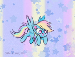 Size: 1212x909 | Tagged: safe, artist:flutterberrypie, derpibooru import, rainbow dash, pegasus, pony, g4, blushing, colored pinnae, cute, dashabetes, eye clipping through hair, female, flying, mare, open mouth, open smile, scene interpretation, signature, smiling, solo, spread wings, starry eyes, stars, wingding eyes, wings