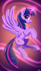 Size: 1784x3060 | Tagged: safe, artist:ask-colorsound, derpibooru import, twilight sparkle, twilight sparkle (alicorn), alicorn, pony, g4, eyebrows, eyebrows visible through hair, female, high res, horn, looking at you, mare, profile, side view, signature, smiling, smiling at you, solo, spread wings, tail, wings