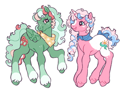 Size: 2048x1538 | Tagged: safe, artist:cocopudu, derpibooru import, oc, oc only, oc:morning glory, oc:seasalt spray, pegasus, pony, unicorn, g2, ascot, bandana, blaze (coat marking), blue bow, blue eyes, body freckles, bow, braid, braided ponytail, coat markings, colored, colored hooves, colored horn, commission, couple, curly hair, curly mane, curly tail, duo, duo female, eyebrows, eyebrows visible through hair, eyelashes, facial markings, female, flat colors, folded wings, freckles, green coat, horn, lesbian, long legs, long mane, long tail, looking at each other, looking at someone, mare, multicolored mane, multicolored tail, neckerchief, oc x oc, open mouth, open smile, pegasus oc, pink coat, pink eyes, ponytail, profile, raised hooves, shipping, signature, simple background, small wings, smiling, smiling at each other, socks (coat marking), standing, starry eyes, style emulation, tail, tail bow, tied mane, tied tail, unicorn horn, unicorn oc, unshorn fetlocks, wall of tags, watermark, white background, wing fluff, wing freckles, wingding eyes, wings