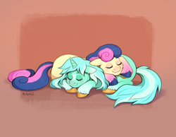 Size: 3162x2456 | Tagged: safe, artist:birdoffnorth, derpibooru import, bon bon, lyra heartstrings, sweetie drops, earth pony, pony, unicorn, g4, colored hooves, cuddling, cute, duo, duo female, ears, eyes closed, female, floppy ears, high res, horn, lesbian, lying down, lying on top of someone, lyrabon, mare, prone, red background, shipping, signature, simple background, sleeping, sleeping on top of someone, smiling, unshorn fetlocks