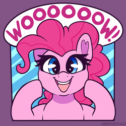 Size: 1600x1600 | Tagged: safe, artist:graphene, derpibooru import, pinkie pie, earth pony, pony, g4, cute, dialogue, diapinkes, female, happy, looking at you, mare, open mouth, open smile, smiling, solo