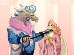 Size: 2300x1700 | Tagged: safe, artist:digck, derpibooru import, discord, oc, oc:exist, anthro, draconequus, griffequus, hippogriff, hybrid, pony, clothes, collar, costume, cute, duo, duo male, gay, leash, male, pet play, robe, wings