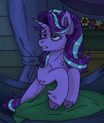 Size: 1600x1900 | Tagged: safe, artist:cluterdrop, derpibooru import, starlight glimmer, pony, unicorn, g4, bags under eyes, bed mane, blanket, cloven hooves, female, hammock, horn, lidded eyes, mare, sitting up, solo, trixie's wagon, wagon