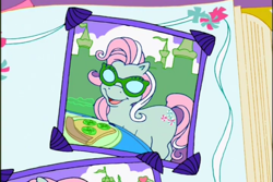 Size: 720x480 | Tagged: safe, derpibooru import, screencap, minty, earth pony, pony, a charming birthday, g3, cucumber, female, food, mare, open mouth, open smile, pizza, plate, ponyville surprise birthday book, scrapbook, smiling, solo, sunglasses, table