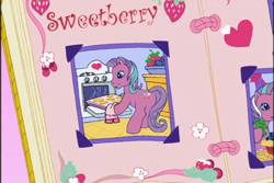 Size: 720x480 | Tagged: safe, derpibooru import, screencap, sweetberry, earth pony, pony, a charming birthday, g3, birthday book, cookie, female, food, grin, hoof hold, mare, oven, ponyville surprise birthday book, scrapbook, smiling, solo focus, strawberry, text, towel