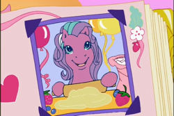 Size: 720x480 | Tagged: safe, derpibooru import, screencap, sweetberry, earth pony, pony, a charming birthday, g3, baking, balloon, birthday book, blueberry, dough, female, flour, flour sack, food, heart, hoof hold, mare, open mouth, open smile, ponyville surprise birthday book, rolling pin, scrapbook, smiling, solo, strawberry