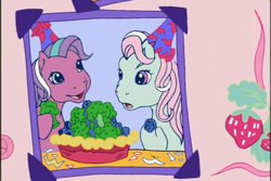 Size: 720x480 | Tagged: safe, derpibooru import, screencap, minty, sweetberry, earth pony, pony, a charming birthday, g3, birthday book, blueberry, blueberry broccoli pie, broccoli, brocolli and blueberry pie, duo, duo female, female, food, mare, oh minty minty minty, open mouth, open smile, pie, ponyville surprise birthday book, scrapbook, smiling