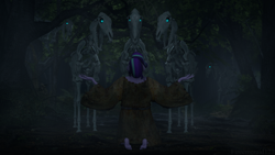 Size: 3840x2160 | Tagged: safe, artist:fireemerald123, derpibooru import, starlight glimmer, anthro, wendigo, g4, 3d, bone, clothes, fog, forest, kneeling, nature, night, skeleton, source filmmaker, sæla, tree