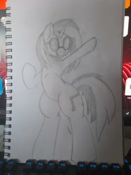 Size: 3000x4000 | Tagged: safe, artist:bazza, derpibooru exclusive, derpibooru import, dj pon-3, vinyl scratch, pony, g4, background pony, belly button, bipedal, black and white, grayscale, human shoulders, monochrome, pencil drawing, ribcage, signature, simple background, simple shading, sketch, smiling, sunglasses, sunglasses on head, traditional art, vibing, vinyl's glasses