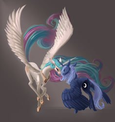 Size: 917x970 | Tagged: safe, artist:jaeneth, derpibooru import, princess celestia, princess luna, alicorn, pony, g4, duo, duo female, ethereal mane, ethereal tail, female, flying, horn, horns are touching, looking at each other, looking at someone, mare, royal sisters, s1 luna, siblings, sisters, smiling, spread wings, tail, wings, wings down