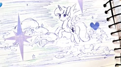 Size: 3588x1988 | Tagged: safe, artist:pelinstwinkle, derpibooru import, twilight sparkle, twilight sparkle (alicorn), alicorn, pony, g4, female, flying, heart, high res, lined paper, mare, pen drawing, sketch, solo, traditional art