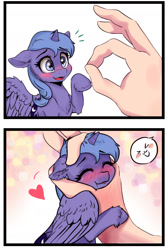 Size: 1033x1537 | Tagged: safe, artist:polnocnykot, derpibooru import, princess luna, alicorn, human, pony, g4, 2 panel comic, :p, adorable face, blushing, chest fluff, comic, cute, ear fluff, ears, eyebrows, eyebrows visible through hair, eyelashes, eyes closed, feathered wings, female, filly, floating heart, floppy ears, fluffy, foal, folded wings, hand, heart, horn, hug, looking up, lunabetes, missing accessory, offscreen character, offscreen human, ok hand sign, open mouth, raised hoof, raised leg, redraw, smiling, smol, spread wings, tiny, tiny ponies, tongue, tongue out, unshorn fetlocks, wings, woona, younger