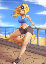 Size: 2500x3500 | Tagged: safe, artist:redwix, derpibooru import, oc, oc only, oc:alessa, anthro, unicorn, big breasts, breasts, clothes, female, horn, huge breasts, shorts, solo