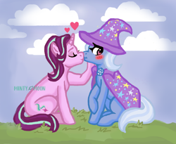 Size: 722x591 | Tagged: safe, artist:mintym00n, derpibooru import, starlight glimmer, trixie, g4, 2023, blushing, duo, duo female, female, grass, heart, kissing, lesbian, shipping, signature, sitting, startrix