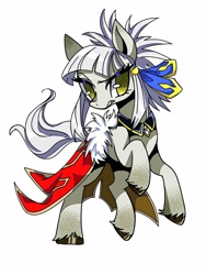 Size: 1200x1600 | Tagged: safe, artist:stacy_165cut, derpibooru import, earth pony, pony, big eyes, cape, clothes, coat markings, colored eartips, colored hooves, colored pinnae, eye clipping through hair, eyelashes, fate/grand order, female, frown, golden eyes, hair ribbon, headpiece, lidded eyes, mare, narrowed eyes, no pupils, penthesilea (fate/grand order), ponified, ponytail, rearing, ribbon, shiny hooves, shiny mane, shiny tail, simple background, socks (coat marking), solo, species swap, spiky mane, standing, tail, teeth, tied mane, unshorn fetlocks, white background, white coat, white mane, white tail, wingding eyes