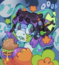 Size: 1839x2048 | Tagged: safe, artist:ibbledribble, derpibooru import, oc, oc only, oc:mystery clue, earth pony, ghost, pony, undead, abstract background, beanbrows, big ears, big eyes, blaze (coat marking), bobcut, burger, bust, cheeseburger, chewing, coat markings, colored eyebrows, colored hooves, colored mouth, colored muzzle, colored pinnae, commission, crying, ears, earth pony oc, eating, emanata, eye clipping through hair, eyebrows, eyebrows visible through hair, eyelashes, facial markings, food, freckles, glasses, gradient eyes, hair accessory, hairclip, hamburger, headshot commission, hoof hold, mealy mouth (coat marking), multicolored coat, onomatopoeia, open mouth, outline, portrait, round glasses, scared, shiny hooves, shiny mane, short hair, short mane, sweat, sweatdrop, sweatdrops, teeth, text, two toned eyes, two toned mane, unshorn fetlocks, wall of tags, wingding eyes