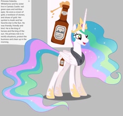 Size: 640x600 | Tagged: safe, artist:fizzled_kitty, derpibooru import, edit, princess celestia, alicorn, pony, g4, alcohol, alternate cutie mark, alternate eye color, asahi, beer, crown, cutie mark, ethereal mane, ethereal tail, female, gauntlet, google translate, gray background, implied princess luna, jewelry, multicolored eyes, recolor, reference sheet, regalia, simple background, solo, tail