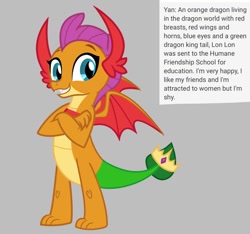 Size: 640x600 | Tagged: safe, artist:fizzled_kitty, derpibooru import, edit, smolder, dragon, g4, alternate color palette, crown, dragoness, female, google translate, gray background, green tail, implied lesbian, implied school of friendship, jewelry, recolor, red wings, regalia, simple background, solo, tail, wings