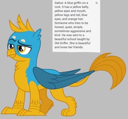 Size: 640x600 | Tagged: safe, artist:fizzled_kitty, derpibooru import, edit, gallus, griffon, g4, alternate color palette, google translate, gray background, heterochromia, implied grampa gruff, implied school of friendship, male, recolor, simple background, solo, tail, yellow tail