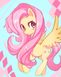 Size: 750x947 | Tagged: safe, artist:ganyudexiaohuahua, derpibooru import, fluttershy, pegasus, pony, g4, abstract background, female, mare, smiling, solop, spread wings, wings
