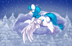 Size: 4568x2935 | Tagged: safe, artist:ijustmari, derpibooru import, oc, oc only, oc:snowy haze, pegasus, pony, butt, chubby, cloud, female, high res, large butt, lying down, lying on a cloud, mare, on a cloud, outdoors, pegasus oc, plot, prone, signature, smiling, snow, snowfall, solo, spread wings, tail, the ass was fat, tree, underhoof, wings, winter