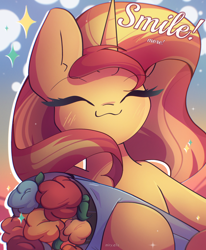 Size: 2100x2550 | Tagged: safe, artist:miryelis, derpibooru import, sunset shimmer, pony, unicorn, g4, :3, big ears, blushing, cloud, cute, ears, eyes closed, female, flower, happy, horn, mare, shimmerbetes, smiling, solo, sparkles, text