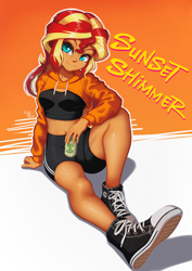 Size: 706x1000 | Tagged: safe, artist:the-park, derpibooru import, sunset shimmer, human, equestria girls, g4, can, clothes, converse, drink, english, hoodie, looking at you, midriff, moderate dark skin, shoes, shorts, sitting, sneakers, soda, soda can, sports bra, text