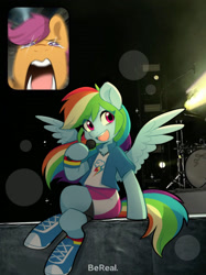 Size: 1358x1811 | Tagged: safe, artist:colorfulcolor233, derpibooru import, rainbow dash, scootaloo, pegasus, semi-anthro, g4, bereal., clothes, crying, drum kit, drums, equestria girls outfit, female, lights, meme, microphone, musical instrument, picture-in-picture, ponified, ponified meme, screaming, shoes, singing, tears of joy