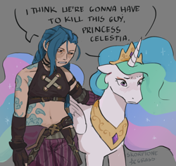 Size: 2048x1930 | Tagged: safe, artist:skorpionegrass, derpibooru import, princess celestia, alicorn, human, g4, arcane, crossover, duo, gray background, i think we're gonna have to kill this guy, jinx (league of legends), league of legends, meme, simple background