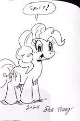 Size: 1589x2388 | Tagged: safe, artist:debmervin, derpibooru import, pinkie pie, earth pony, pony, g4, black and white, grayscale, monochrome, solo, traditional art, word bubble