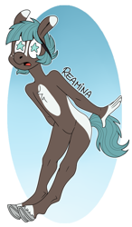 Size: 1127x1931 | Tagged: safe, artist:reamina, derpibooru import, oc, oc only, anthro, earth pony, unguligrade anthro, featureless crotch, gradient background, nudity, solo, starry eyes, wingding eyes
