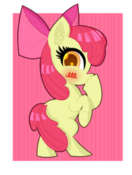 Size: 1200x1590 | Tagged: safe, artist:scandianon, derpibooru import, apple bloom, earth pony, pony, g4, blushing, female, filly, foal, hoof over mouth, looking at you, patterned background, pose, raised hoof, raised leg, rearing, smiling