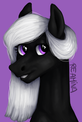 Size: 2014x2979 | Tagged: safe, artist:reamina, derpibooru import, oc, oc only, oc:dusty tome, pony, bust, female, mare, portrait, purple background, simple background, solo