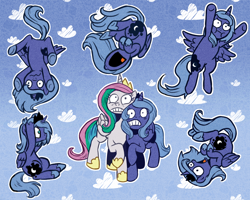 Size: 1280x1024 | Tagged: safe, artist:qswomozi, derpibooru import, princess celestia, princess luna, alicorn, pony, g4, cloud, falling, female, flying, open mouth, outline, patterned background, royal sisters, scared, siblings, sisters, teenager, white outline, young celestia, young luna, younger