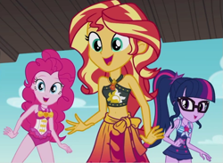 Size: 869x636 | Tagged: safe, derpibooru import, screencap, pinkie pie, sci-twi, sunset shimmer, twilight sparkle, equestria girls, g4, x marks the spot, bare shoulders, belly button, best friends, bikini, bikini top, clothes, cute, diapinkes, female, geode of empathy, geode of sugar bombs, geode of telekinesis, glasses, jewelry, magical geodes, my little pony equestria girls: better together, necklace, one-piece swimsuit, open mouth, open smile, pinkie pie swimsuit, sarong, sci-twi swimsuit, sci-twiabetes, shimmerbetes, sleeveless, smiling, sunset shimmer swimsuit, swimsuit, trio, trio female, wrist cuff