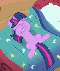 Size: 394x463 | Tagged: safe, derpibooru import, screencap, twilight sparkle, unicorn twilight, pony, unicorn, g4, lesson zero, bed, belly, cropped, golden oaks library, hooves on face, lying down, on back, solo