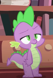 Size: 338x498 | Tagged: safe, derpibooru import, screencap, spike, dragon, g4, lesson zero, season 2, annoyed, cropped, fangs, frown, golden oaks library, lidded eyes, male, solo, spike is not amused, unamused