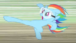 Size: 909x517 | Tagged: safe, derpibooru import, screencap, rainbow dash, pegasus, pony, g4, lesson zero, belly, cropped, flying kick, goggles, open mouth, solo