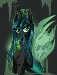 Size: 3000x4000 | Tagged: safe, artist:floralshitpost, derpibooru import, queen chrysalis, changeling, g4, eyeshadow, fangs, forked tongue, lidded eyes, long tongue, makeup, open mouth, tongue, tongue out, torn wings, wings