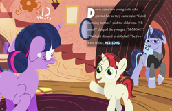Size: 1280x829 | Tagged: safe, artist:bearmation, derpibooru import, twilight sparkle, unicorn twilight, oc, oc:cash flow, oc:comet sweep, pony, unicorn, colt, ear piercing, earring, ears, female, floppy ears, foal, golden oaks library, hair bun, horn, jewelry, male, mare, mother and child, mother and son, offspring, open mouth, parallel universe, parent and child, parent:flim, parent:twilight sparkle, parents:twiflim, piercing, shocked, story included, text, trio