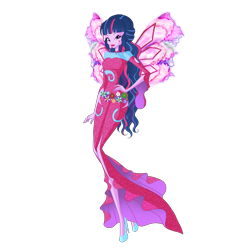 Size: 2780x2780 | Tagged: safe, artist:machakar52, derpibooru import, sci-twi, twilight sparkle, human, equestria girls, g4, alternate hairstyle, clothes, colored wings, crossover, cutie mark on human, fairy, fairy wings, fairyized, flower, glowing, glowing wings, hand on hip, high heels, jewelry, looking at you, multicolored wings, necklace, onyrix, purple wings, shoes, simple background, smiling, smiling at you, sparkly wings, transparent background, wings, winx, winx club, winxified, world of winx