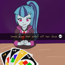 Size: 2048x2048 | Tagged: safe, artist:spookysocks, derpibooru import, sonata dusk, equestria girls, g4, meme, meme template, moments before disaster, smiling, smirk, solo, uno