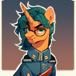 Size: 768x768 | Tagged: safe, ai content, derpibooru import, generator:pony diffusion v6 xl, generator:stable diffusion, machine learning generated, unicorn, clothes, commission, fangs, glasses, horn, military uniform, prompter:radioglitch, uniform