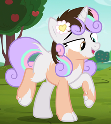 Size: 2152x2400 | Tagged: safe, artist:anonymous, derpibooru import, sweetie belle, human, pony, unicorn, /ptfg/, apple, apple tree, blank flank, brown hair, dark brown hair, eye color change, female, fingernails, flower, flower in hair, heterochromia, horn, human to pony, kinsona, light skin, mare, mid-transformation, older, older sweetie belle, open mouth, open smile, outdoors, show accurate, smiling, solo, species swap, toenails, transformation, tree