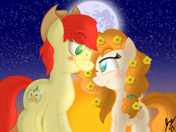 Size: 2160x1620 | Tagged: safe, artist:jesslmc16, derpibooru import, bright mac, pear butter, earth pony, g4, apple, brightbutter, buttercup, couple, digital art, duo, female, flower, flower in hair, food, freckles, looking at each other, looking at someone, love, male, mare, mare in the moon, moon, pear, relationship, shipping, signature, simple background, smiling, smiling at each other, stallion, stars, straight, sunset